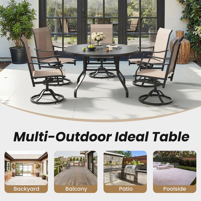Round Outdoor Patio Dining Table, 47" Round Patio Table Wood-Like Grain with 1.57" Umbrella Hole, Metal Outdoor Dining Tables