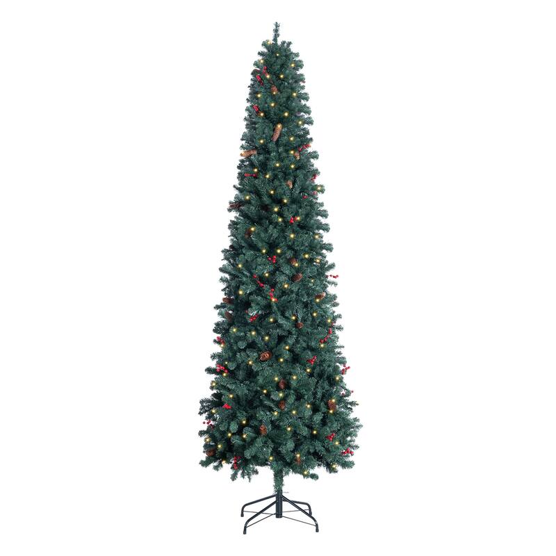 6.5ft Pencil Christmas Tree Prelit pre-Decorated with Pine Cones Red Berries 250 Warm Lights and Metal Stand