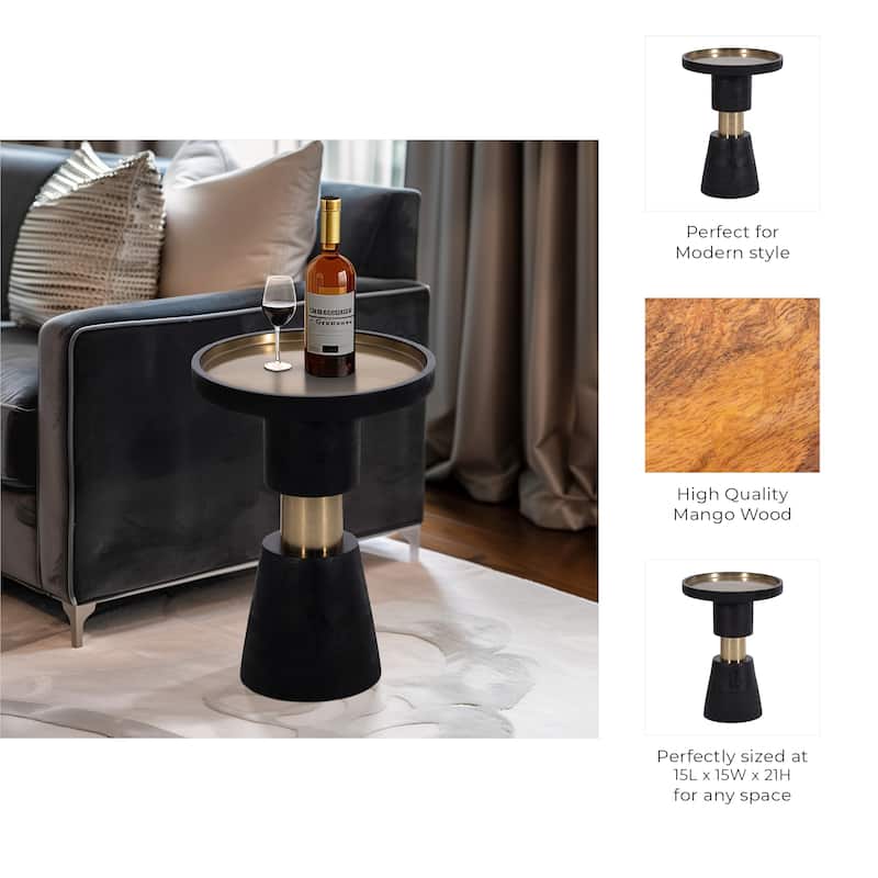 21"H Black and Gold Banded Metal Round Side End Table with Wood and Iron Accent Construction for Modern Living