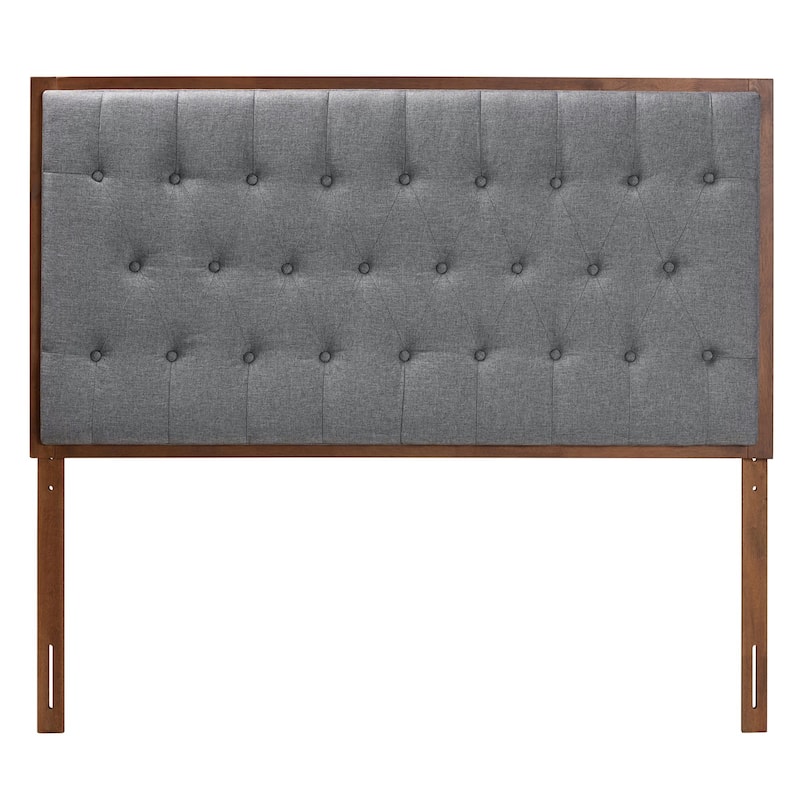Harumi Classic and Traditional Grey Fabric and Walnut Brown Finished Wood Headboard