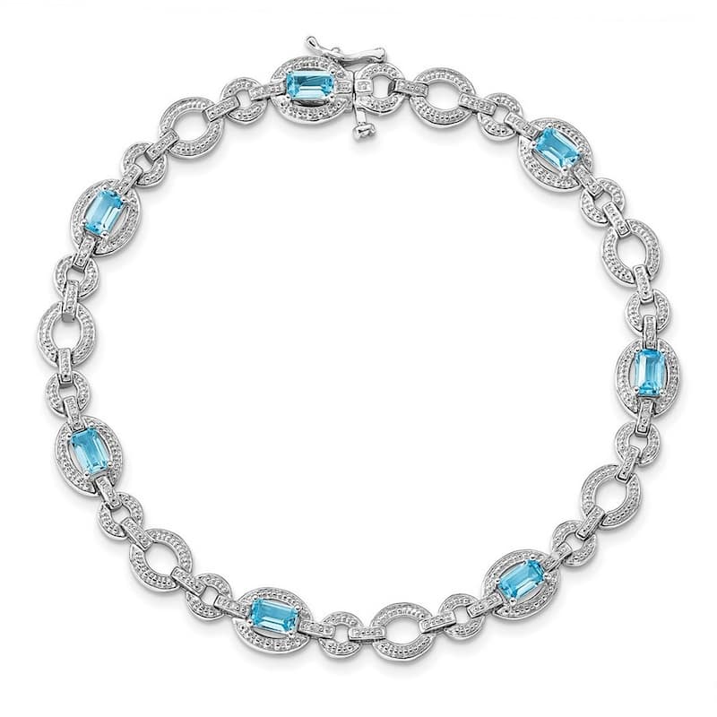 Curata 925 Sterling Silver Textured Polished Box Catch Closure Diamond and Lt Swiss Blue Topaz Oval Link Bracelet