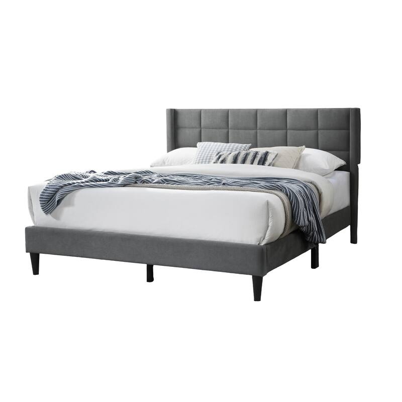 Modern Gray Brushed Linen Queen Size Upholstered Platform Bed with Tufted Headboard