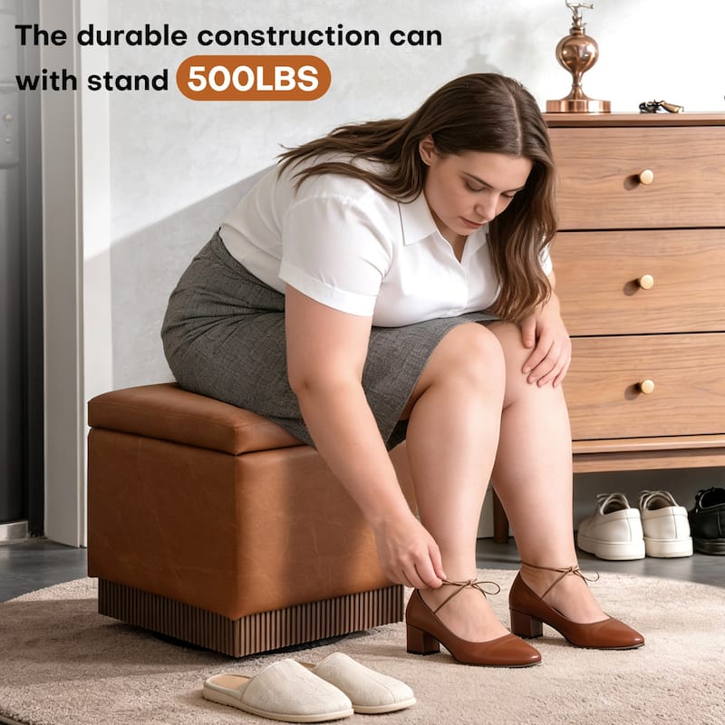 Swivel Storage Ottoman Bench Footstool with Flip-top and Acacia Frame