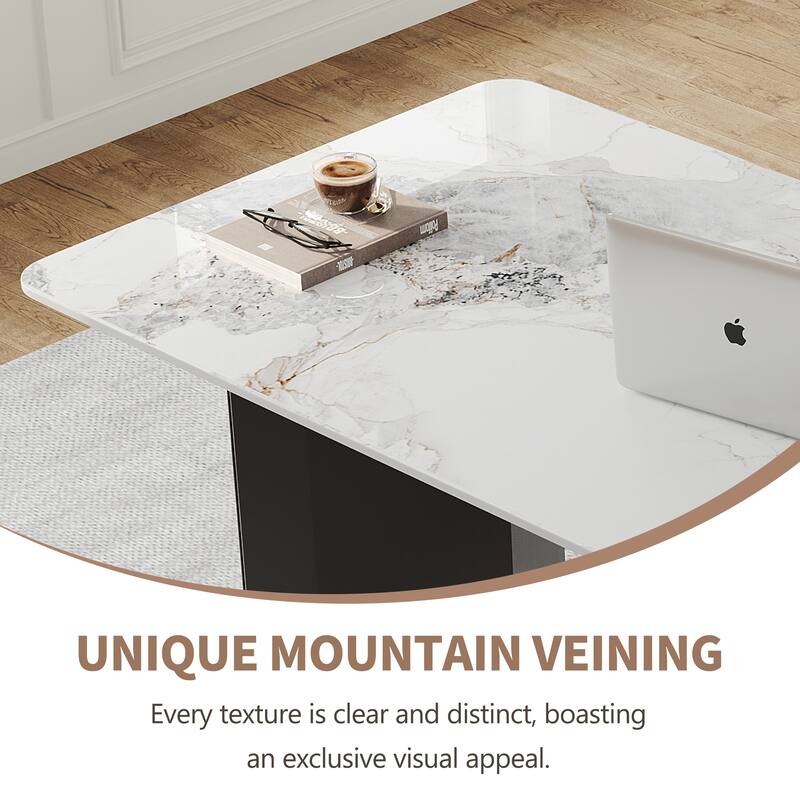 63" Modern Rectangular Writing Desk, Glossy White Sintered Stone Top, Black Stainless Steel Double Base