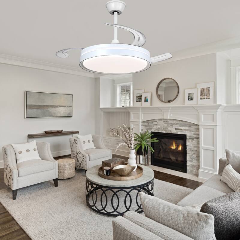 Cusp Barn 42 Inch Retractable Ceiling Fan with Lights, Modern Silent DC Motor 6 Speeds Chandelier Ceiling Fan for Bedroom