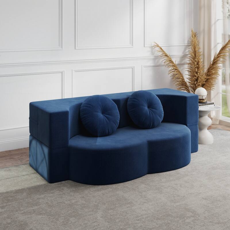 Modern Floor Sofa with 2 Pillows,Convertible Plush Corduroy Foam-Filled Sleeper Sofa Bed