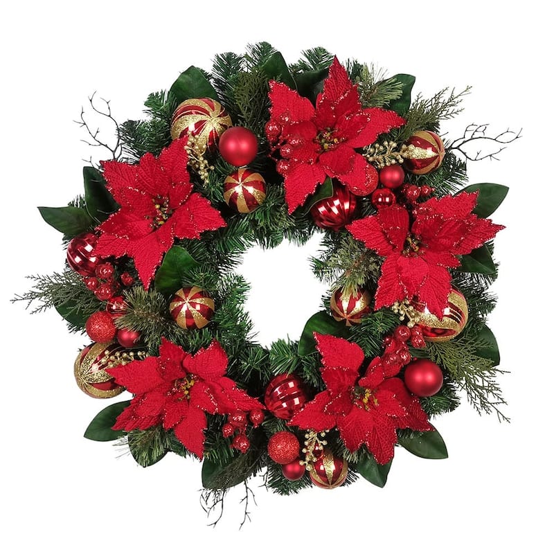 Kurt Adler 30-Inch Unlit Red & Gold Poinsettia Wreath - Green