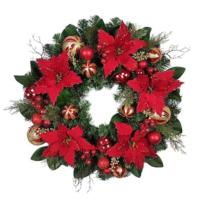 Kurt Adler 30-Inch Unlit Red & Gold Poinsettia Wreath - Green