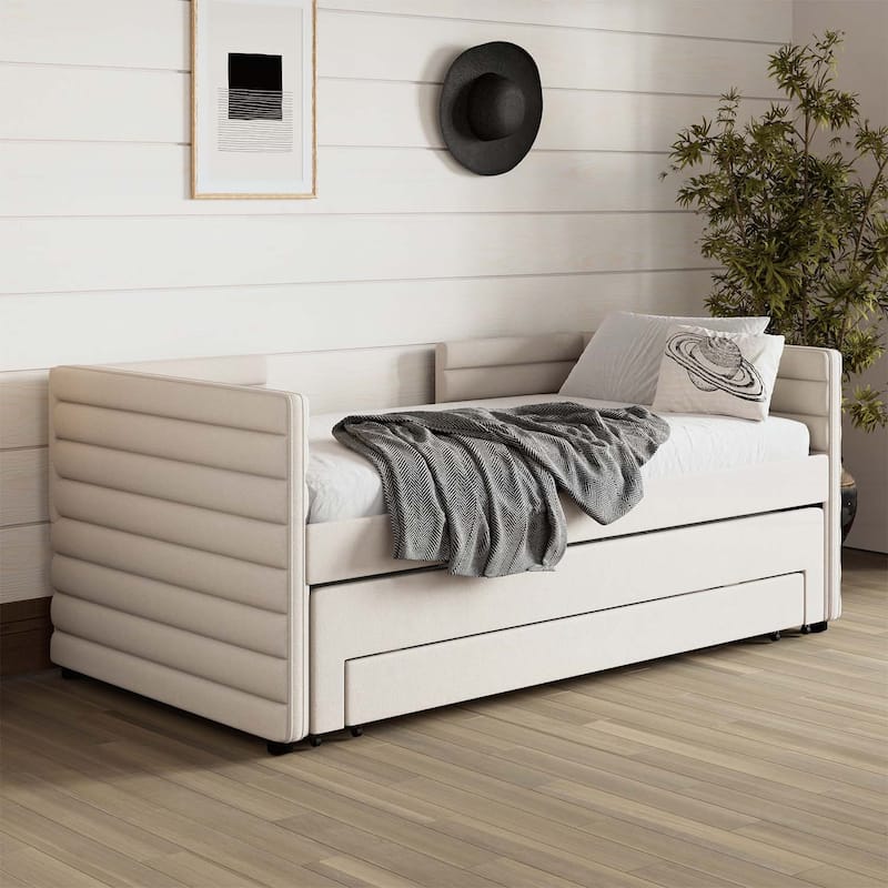 Upholstered Daybed with Trundle and 3 Storage Drawers,for Guest Room,Living Room - Beige