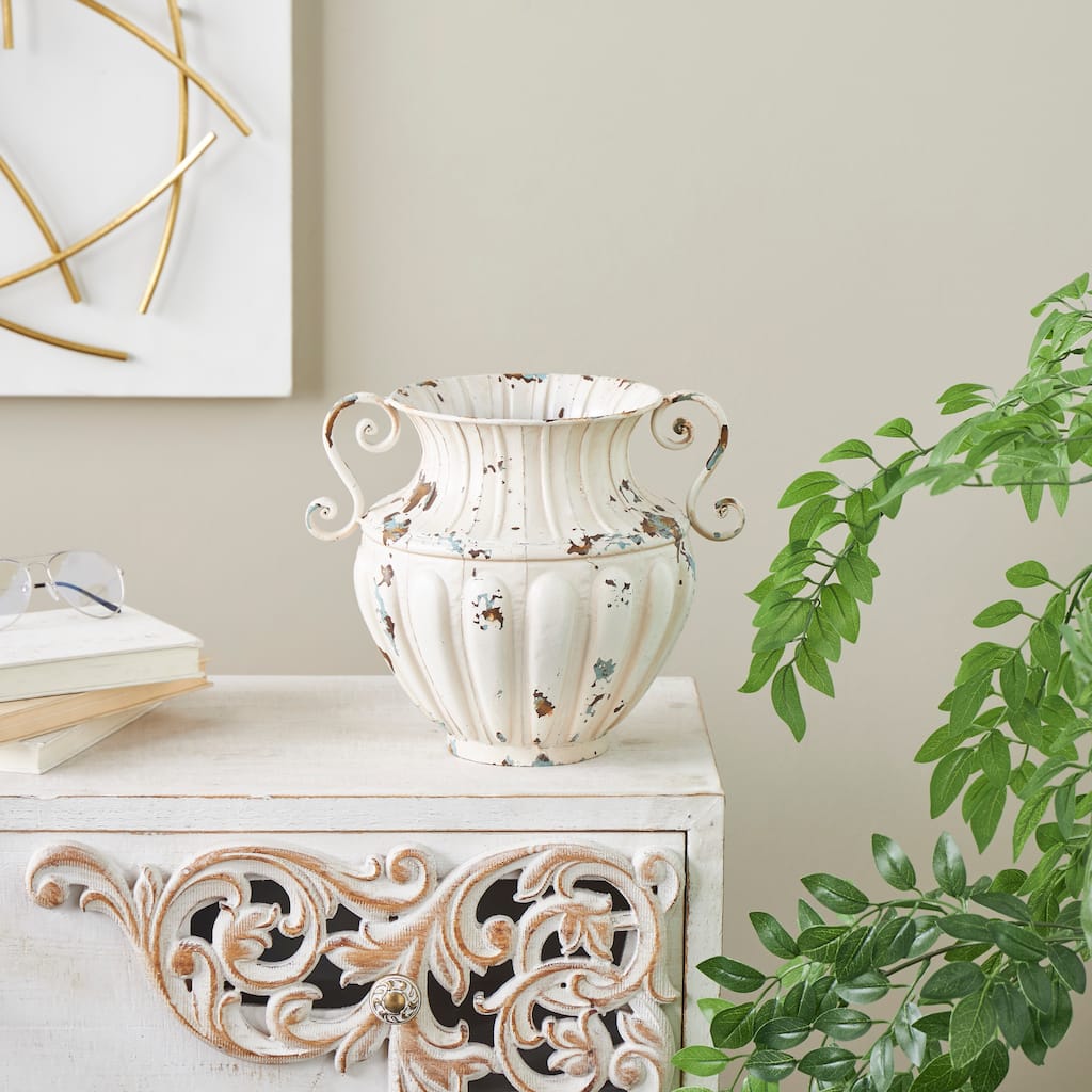 Cream Metal Vintage Amphora Scroll Decorative Vase with Brown and Teal Distressing and Scroll Handles