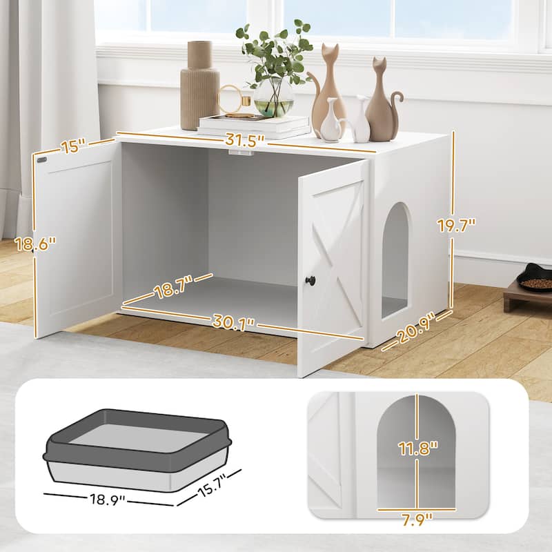 PawHut Cat Litter Box Enclosure, Hidden Litter Box Furniture with Barn Door, Cat Hole, Indoor Pet House Washroom, End Side Table