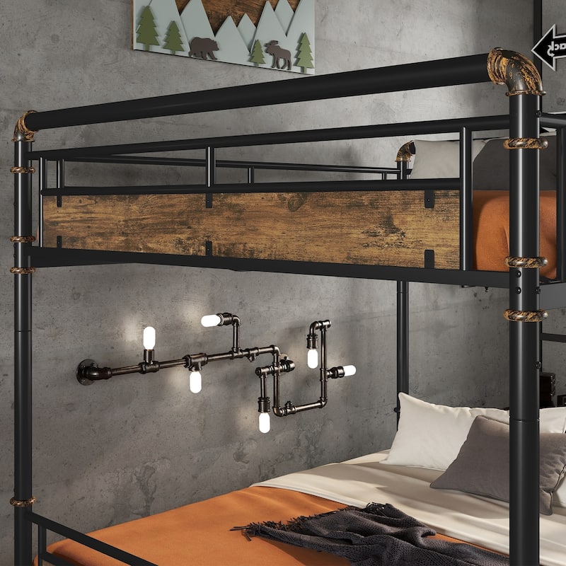 over Metal Bunk Bed, Industrial Detachable Bunkbeds with Safety Guard Rails - Black