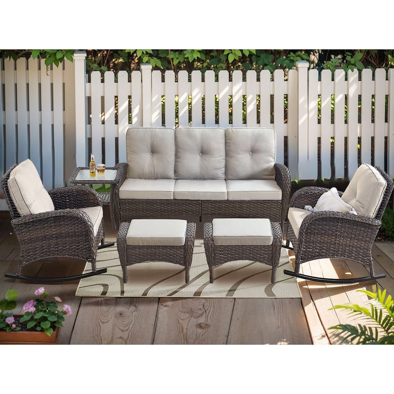 Patio Sofa with 2 Rocking Chair and Ottomans - Brown - Beige - Brown