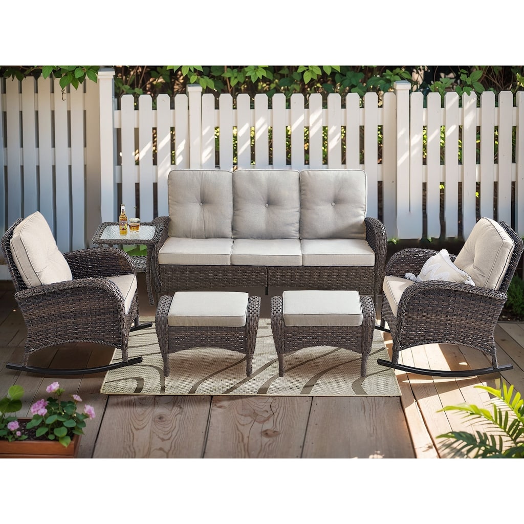 Patio Sofa with 2 Rocking Chair and Ottomans - Brown