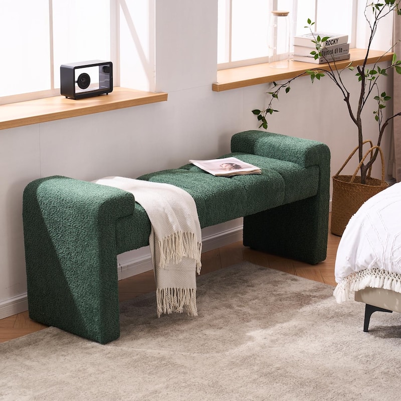 54" Boucle Bedroom Bench with Channel Tufted Modern Entryway Bench Window Bench End of Bed Bench - Curved Arm - Green
