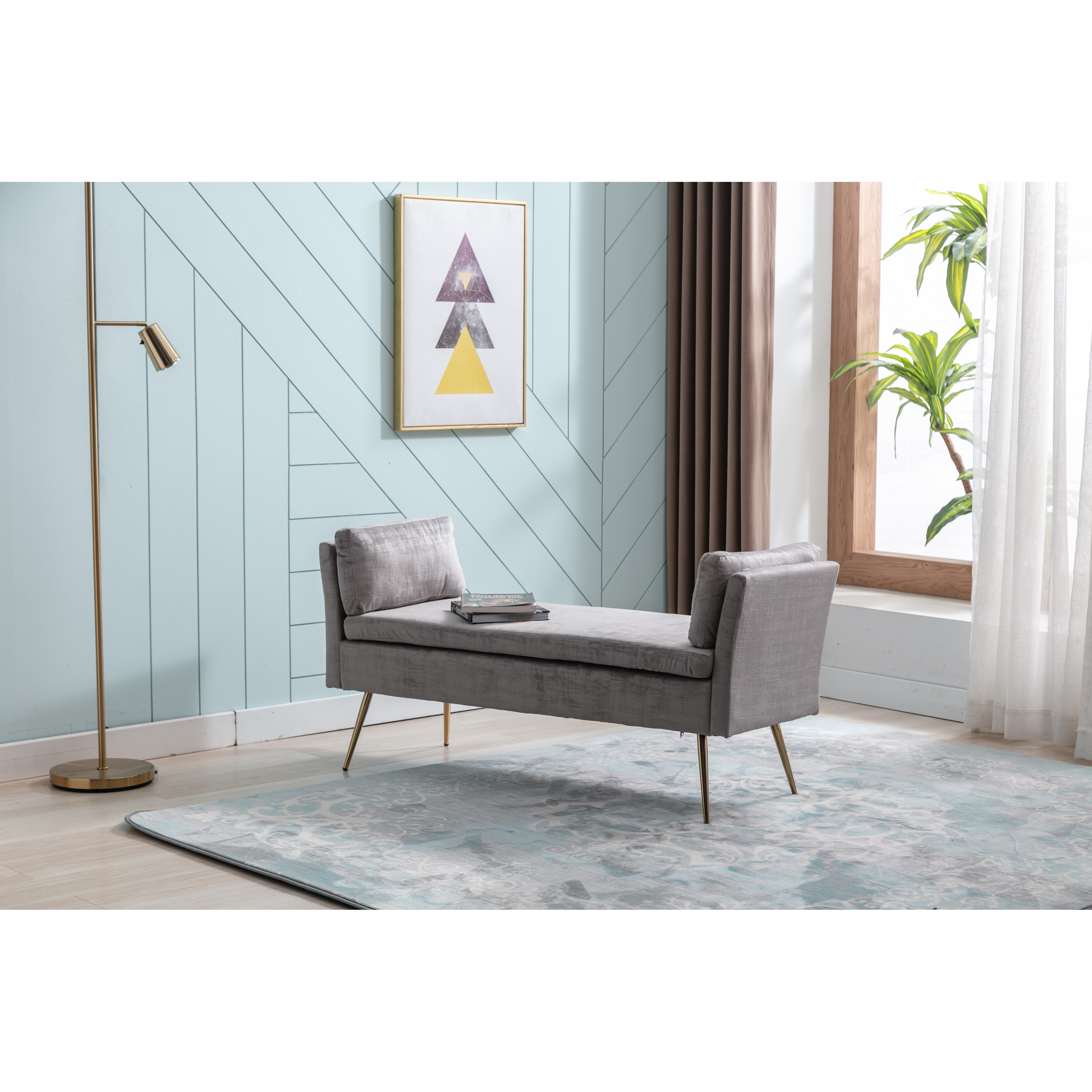 Mid Century Upholstered Bench with Golden Metal Leg End of Bed