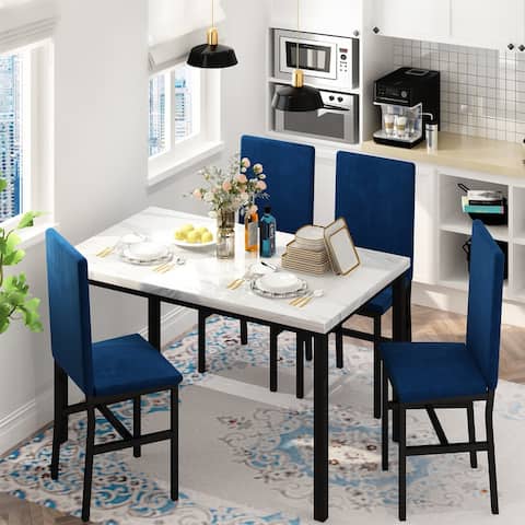 Grondin Modern Style Faux Marble Top 5-Piece Casual Dining Set with 4 Velvet Upholstered Dining Chairs