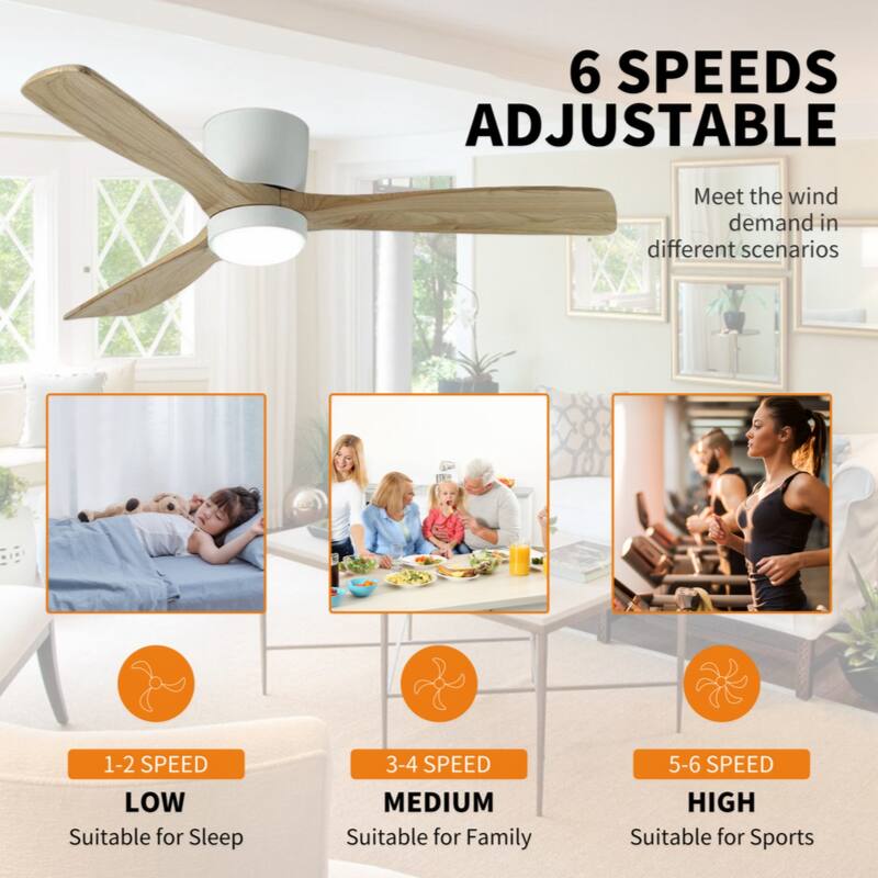 42 inch White Wood Ceiling Fans with Lights and Remote, Modern Flush Mount Low Profile Ceiling Fan with Light, 6 Speed