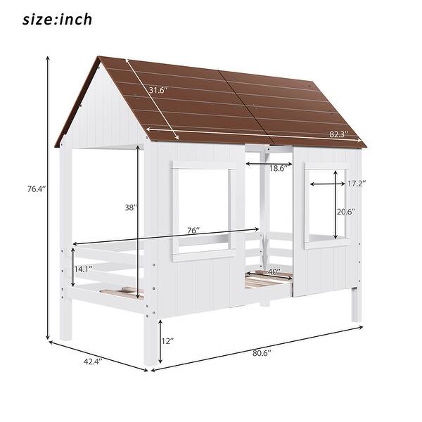 Twin Size Low Loft Wood House Bed with Two Front Windows - Bed Bath ...