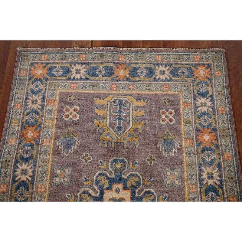 Traditional Kazak Oriental Foyer Rug Handmade Grey Wool Carpet - 2'8" x 4'2"