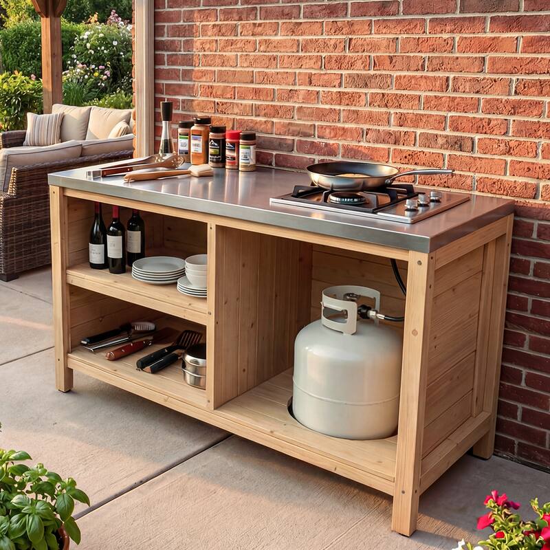 Modular Outdoor Kitchen Island Set, 100% Solid Wood BBQ Cabinet , Patio Kitchen Bar Table
