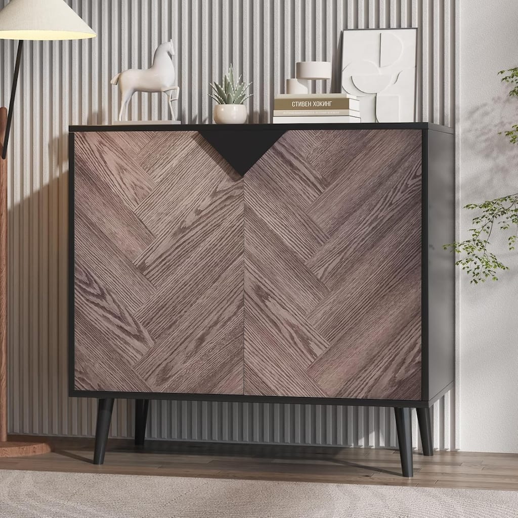 31.5" Cabinet with Shelves and Doors with Storage, Black + Gray Texture