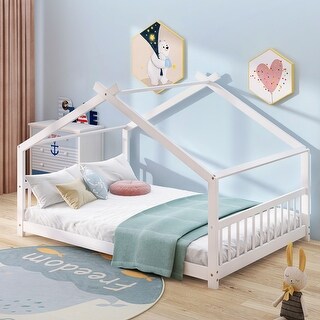 Bellemave Full Size House Floor Bed For Kids, Wooden Montessori Full Bed With Fence Railings And Support Slats No Box Spring Needed Natural