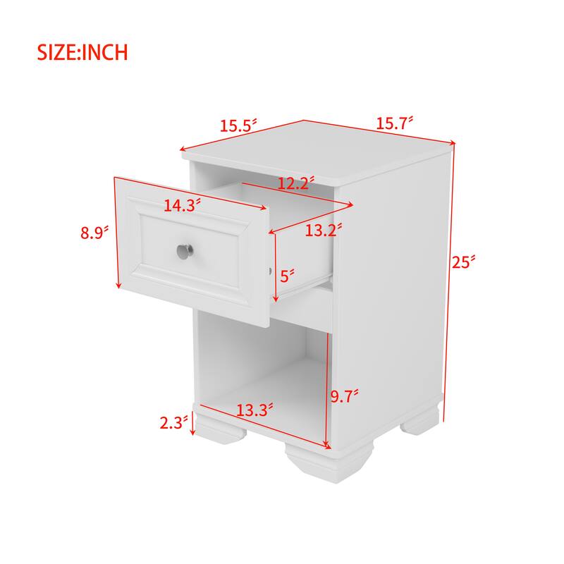 Nightstand With Drawer And Open Shelf, Retro Style Bedside Table With Classic Design And Metal Handle