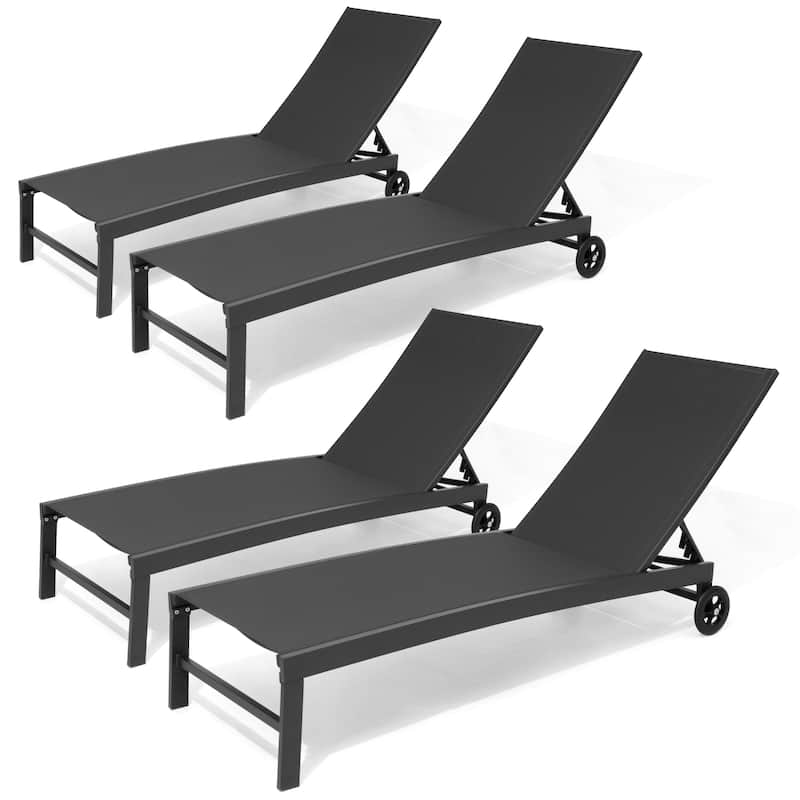 Patio Chaise Lounge Chair Adjustable Aluminum Outdoor Recliners with Wheel - Black-4PC