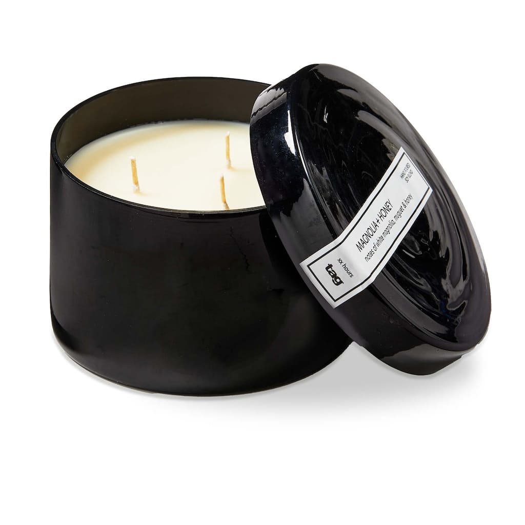 Magnolia & Honey Scented Candle with Lid - 14.4oz Jar Candle, 16hr Burn Time, Everyday Black Decor, 3x4.5in