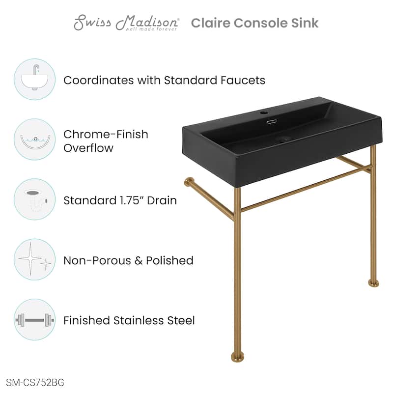 Claire 24 Ceramic Console Sink Matte Black Basin Gold Legs