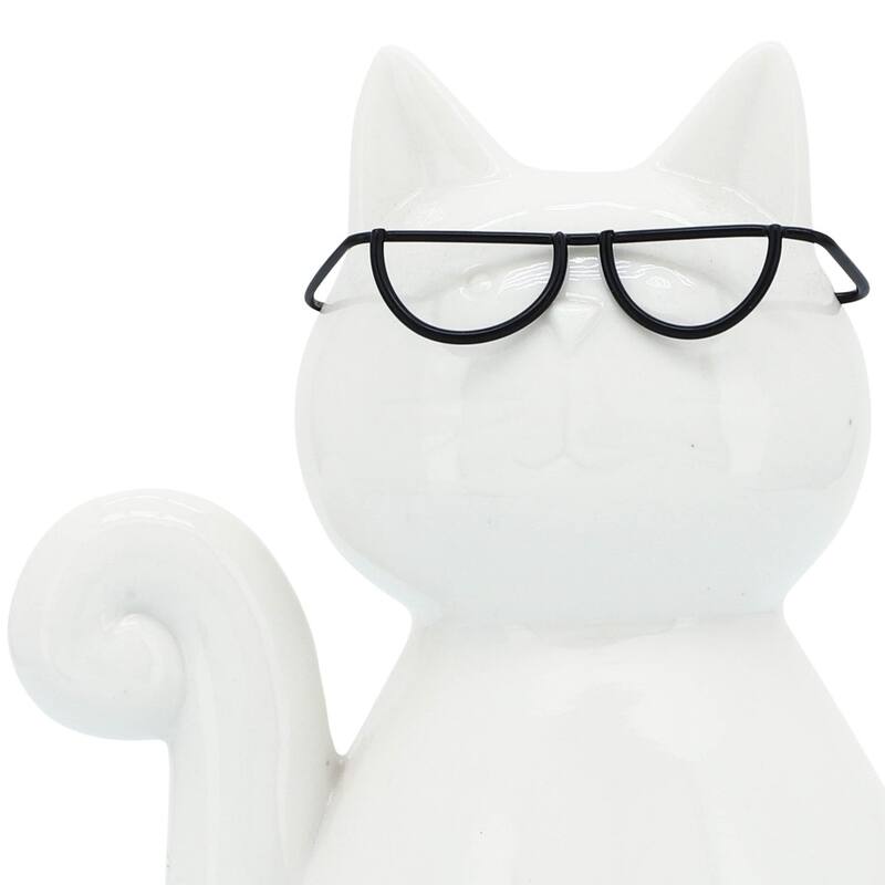 Sitting Cat with Eyeglasses Tabletop Figurine - 7" - White