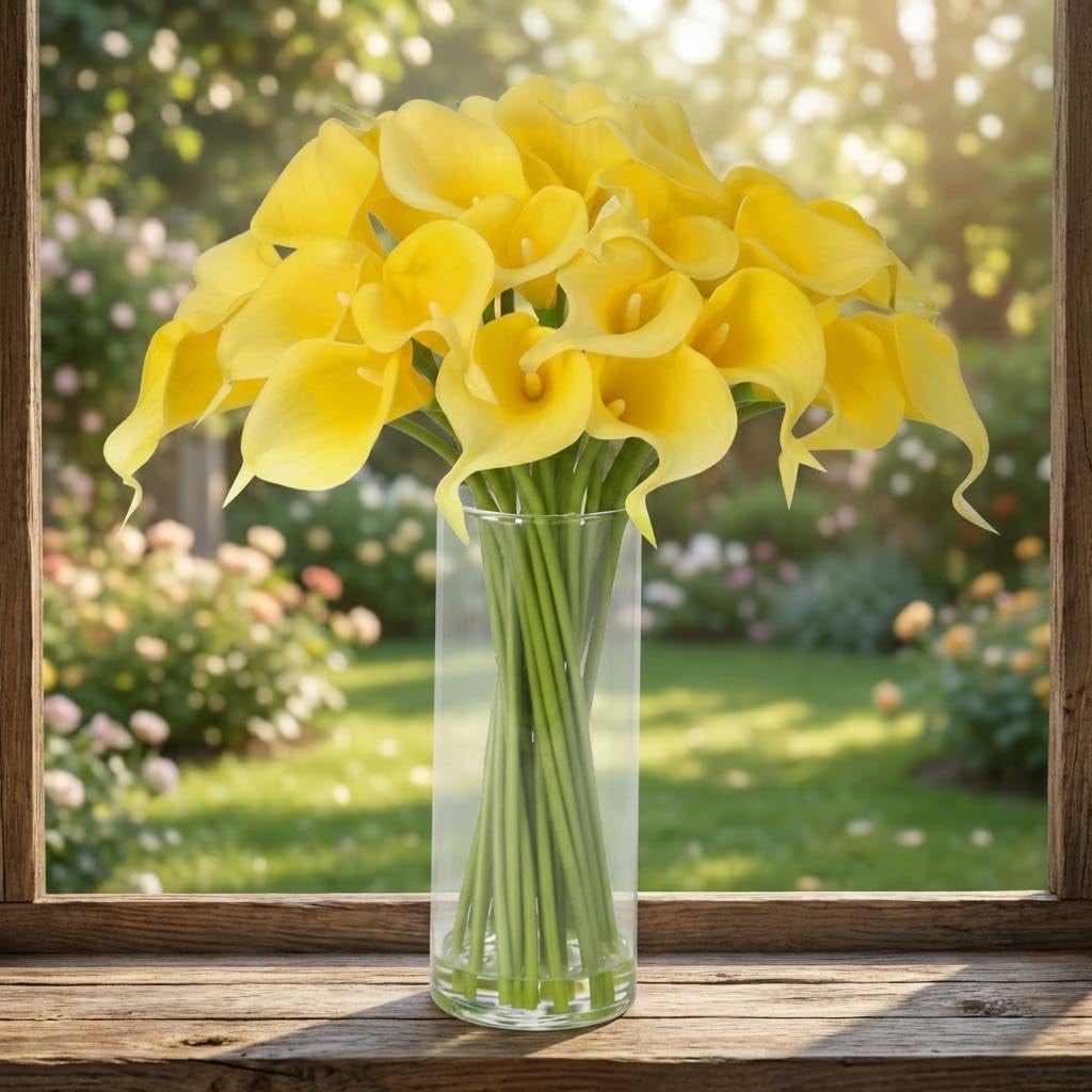 Real Touch Artificial Tulips in Glass Vase with Faux Water, Yellow Home Table Decor