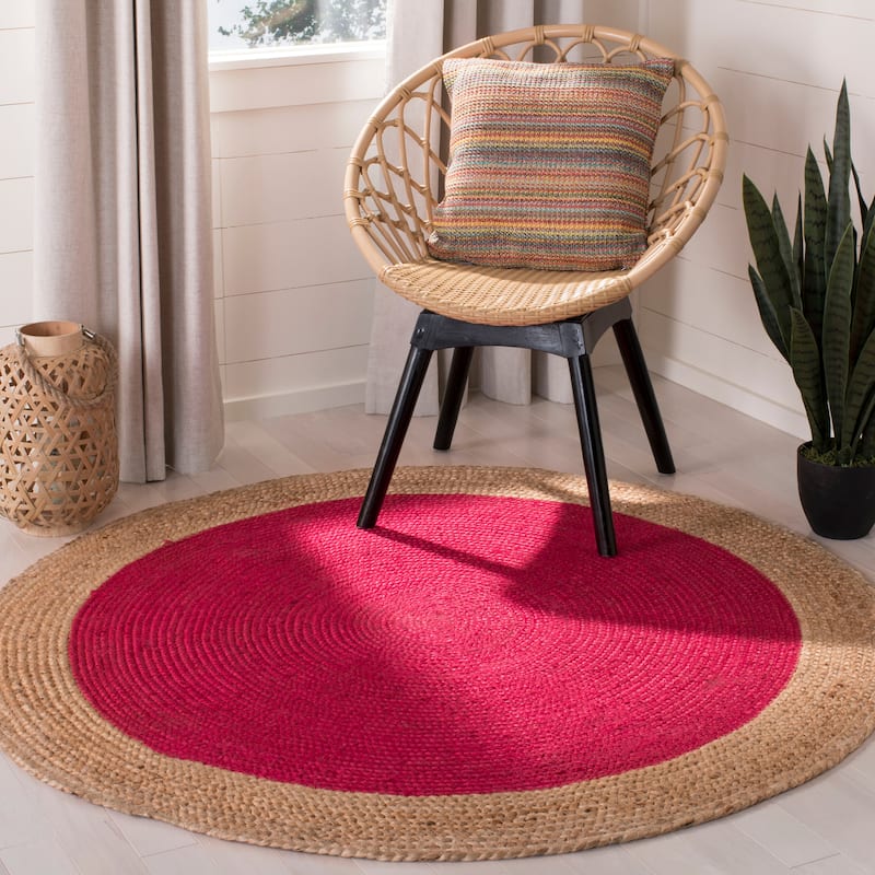 SAFAVIEH Handmade Natural Fiber Jolette Bordered Round Jute Rug - 9' Round - Fuchsia/Natural
