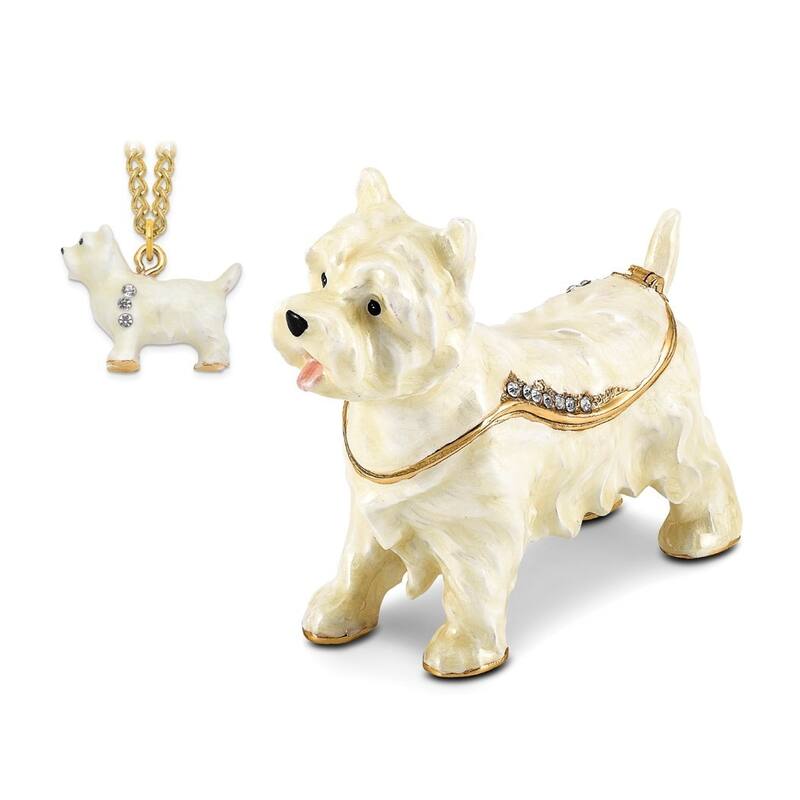 Curata Pewter Crystals Gold-Tone Enameled Westie West Highland White Terrier Trinket Box on 18 Inch Necklace