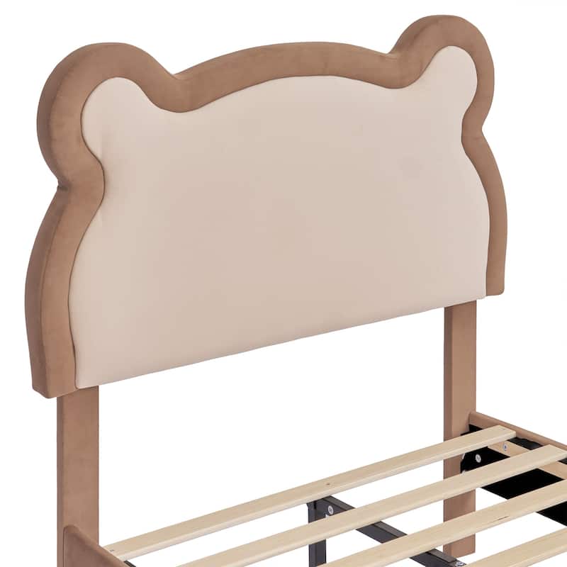 VECELO Teddy Bear Kids Bed Frame Adjustable Headboard Light Brown Finish Twin Beds for Kids No Box Spring Needed