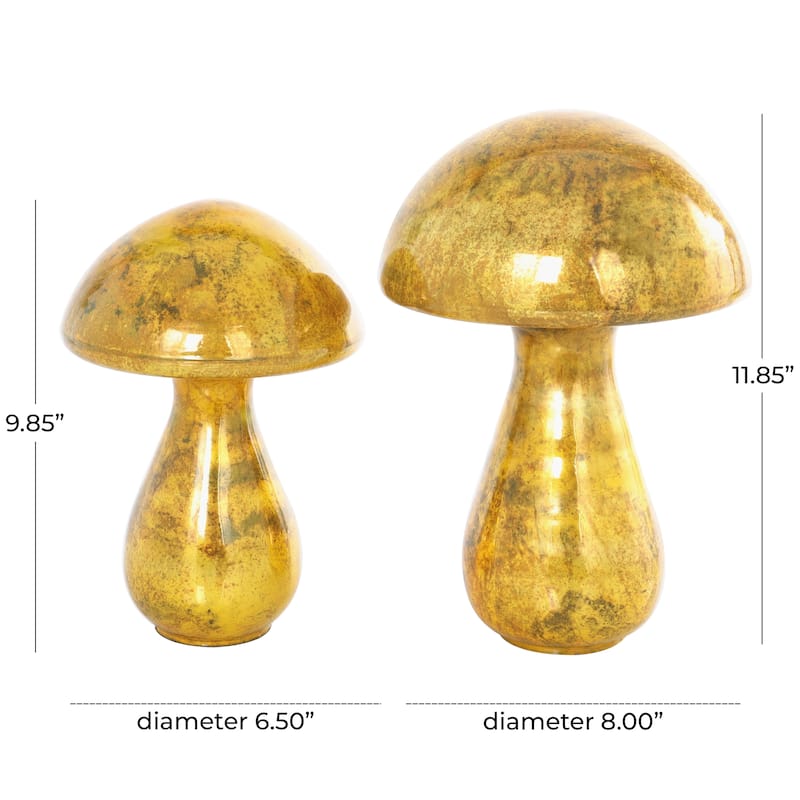 Gold, Green or Champagne Glass Handmade Glossy Weathered Mushroom Sculpture (Set of 2)