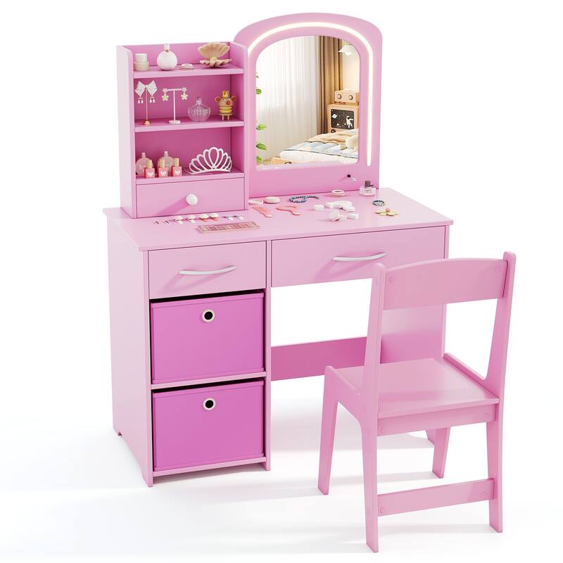 Gymax Kids Vanity Set Princess Makeup Desk & Chair w/ Mirror & Lights