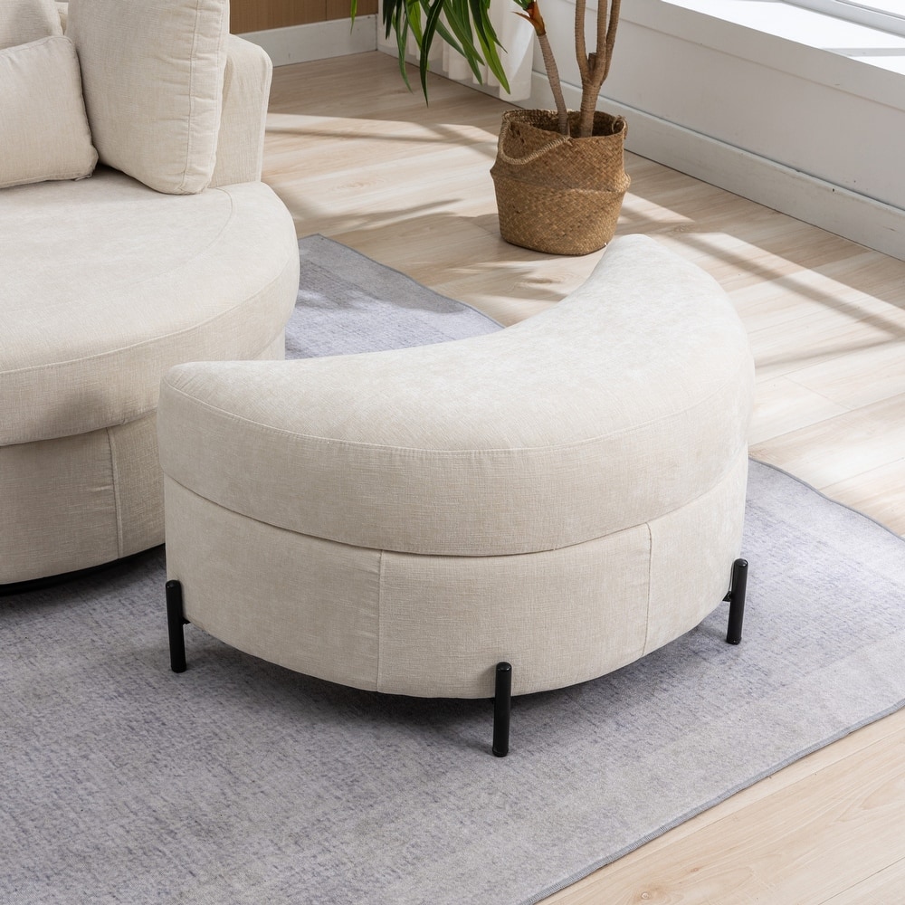 32.7" W Upholstered Half Moon Storage Ottoman Footrest Footstool