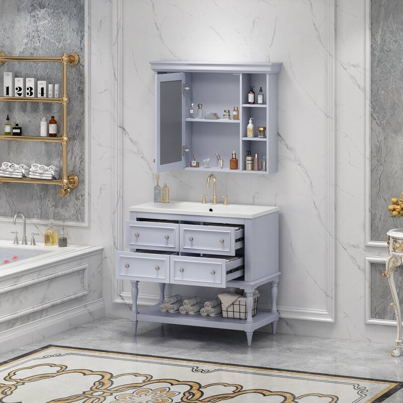 36 inch MDF Freestanding Bathroom Vanity Set with Integrated Resin Sink with Mirror cabinet