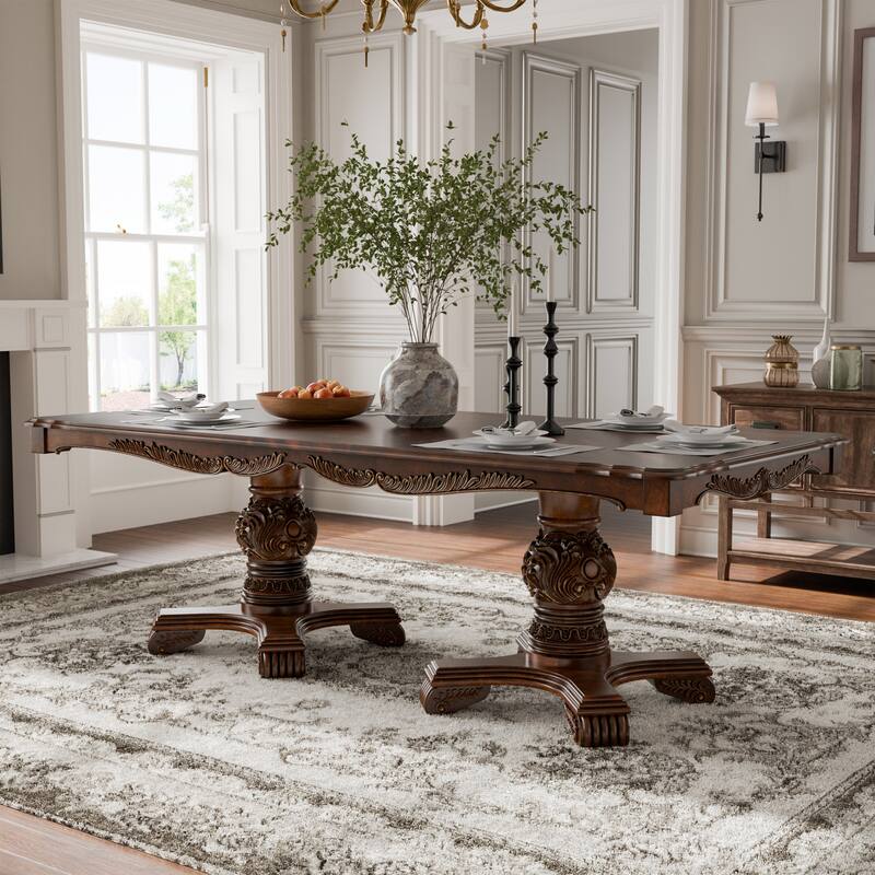 Furniture of America Eugene Traditional Double Pedestal Solid Wood Expandable Dining Table - Cherry