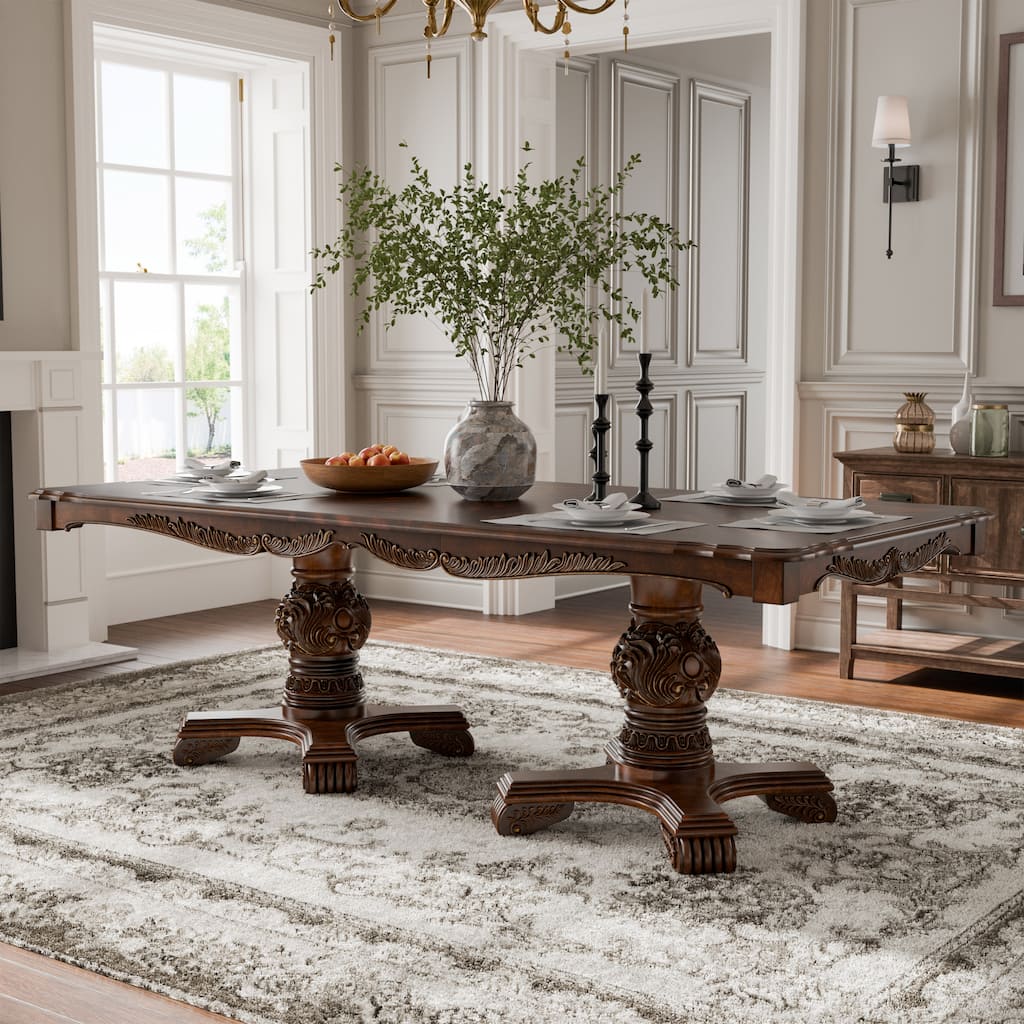 Furniture of America Eugene Traditional Double Pedestal Solid Wood Expandable Dining Table