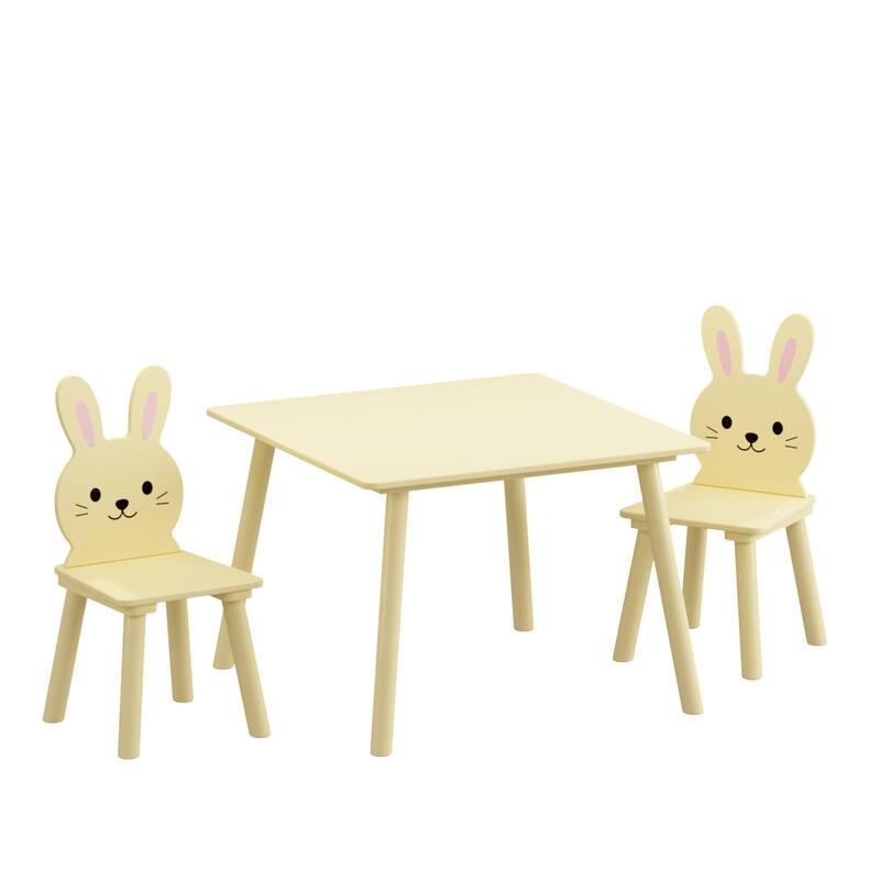 Anmytek Toddler 3-Piece Wooden Table and Chair Set Kids Activity Desk with Animal Backrest for Playroom Nursery