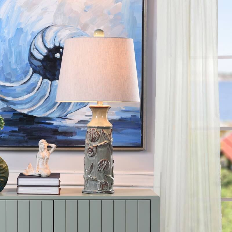 Ceramic Table Lamp - Glazed Finish - Light Grey Shade