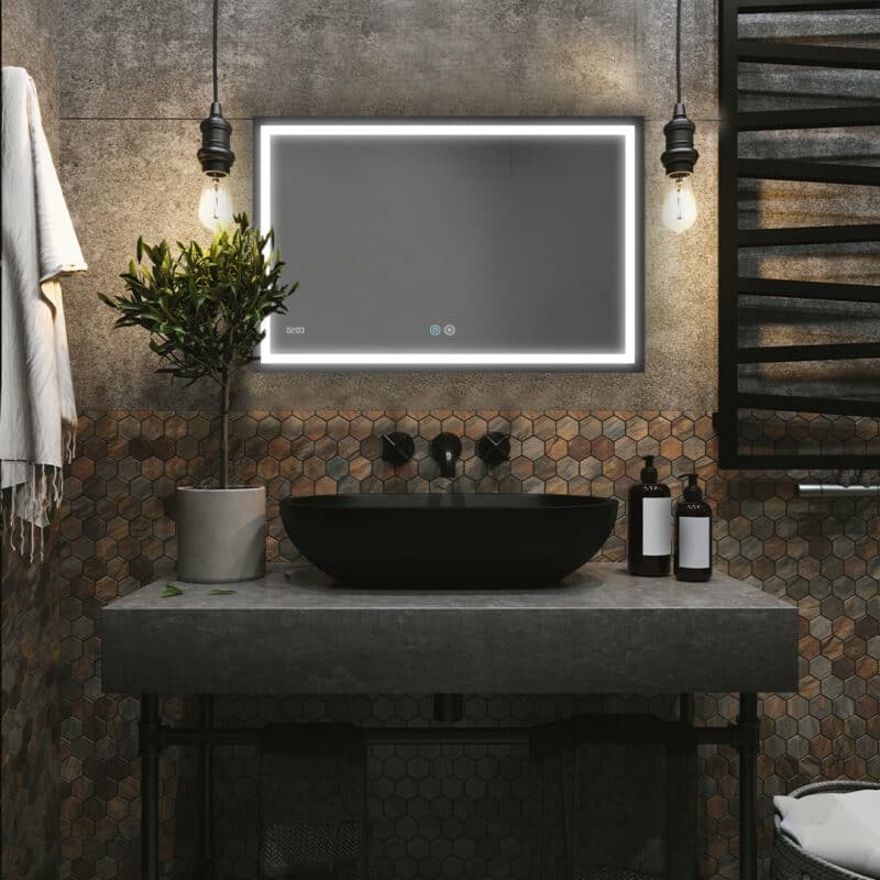 AQUADOM Daytona 40" Led Lighted Mirror for Bathroom Defogger, Digital Clock - 40"x30"x1"