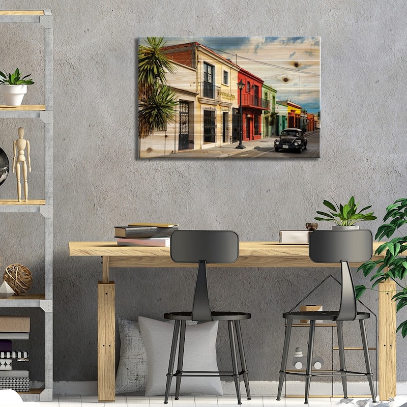 Colorful Facades And Black VW Beetle Car Print On Wood by Philippe Hugonnard - Multi-Color