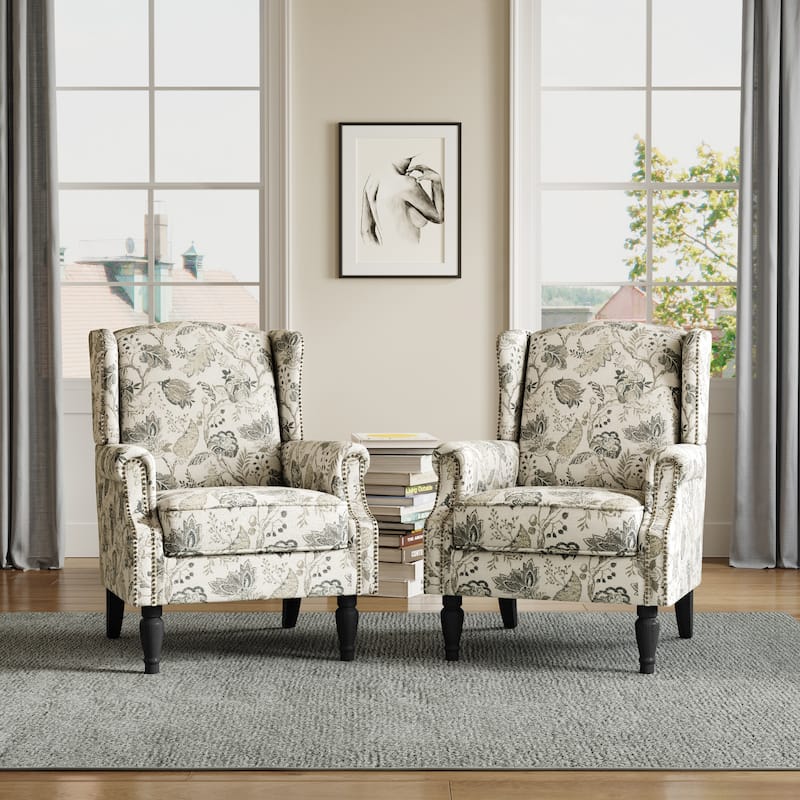 Upholstered Nailhead Trim Armchair Wingback Accent Chairs Set of 2 - Plants Beige