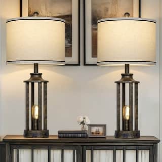 Set of 2 Industrial Table Lamps, 27.5-Inch with Dual Lighting, USB-C Port & AC Outlet - 12.5'' x 12.5'' x 27.5''