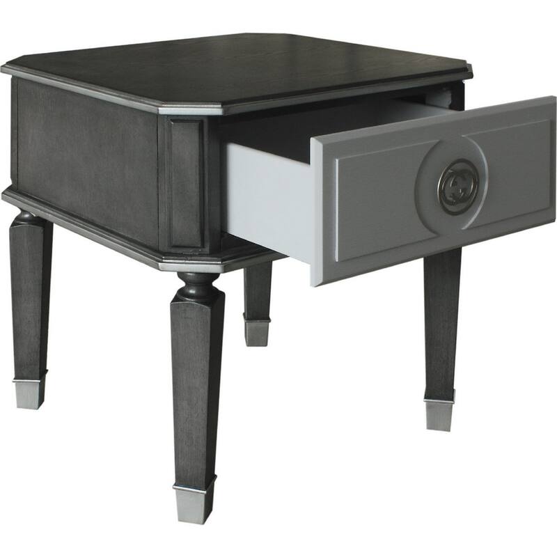 MDF End Table with 1 Drawer and Turned Tapered Legs, Gray and Silver
