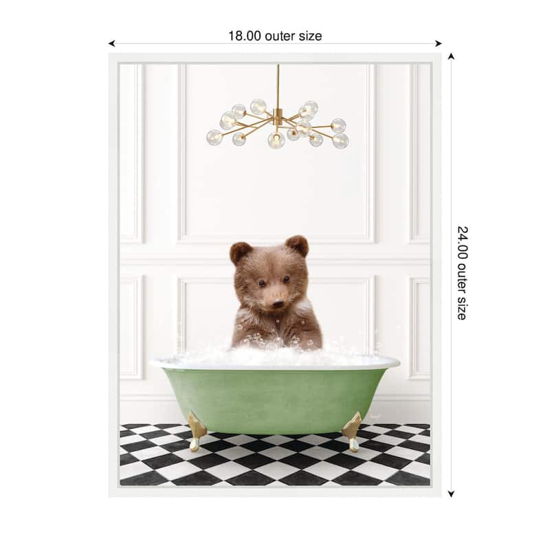 Kate and Laurel Sylvie Bear Cub in Green Bathtub Checker Floor Framed Canvas by Amy Peterson